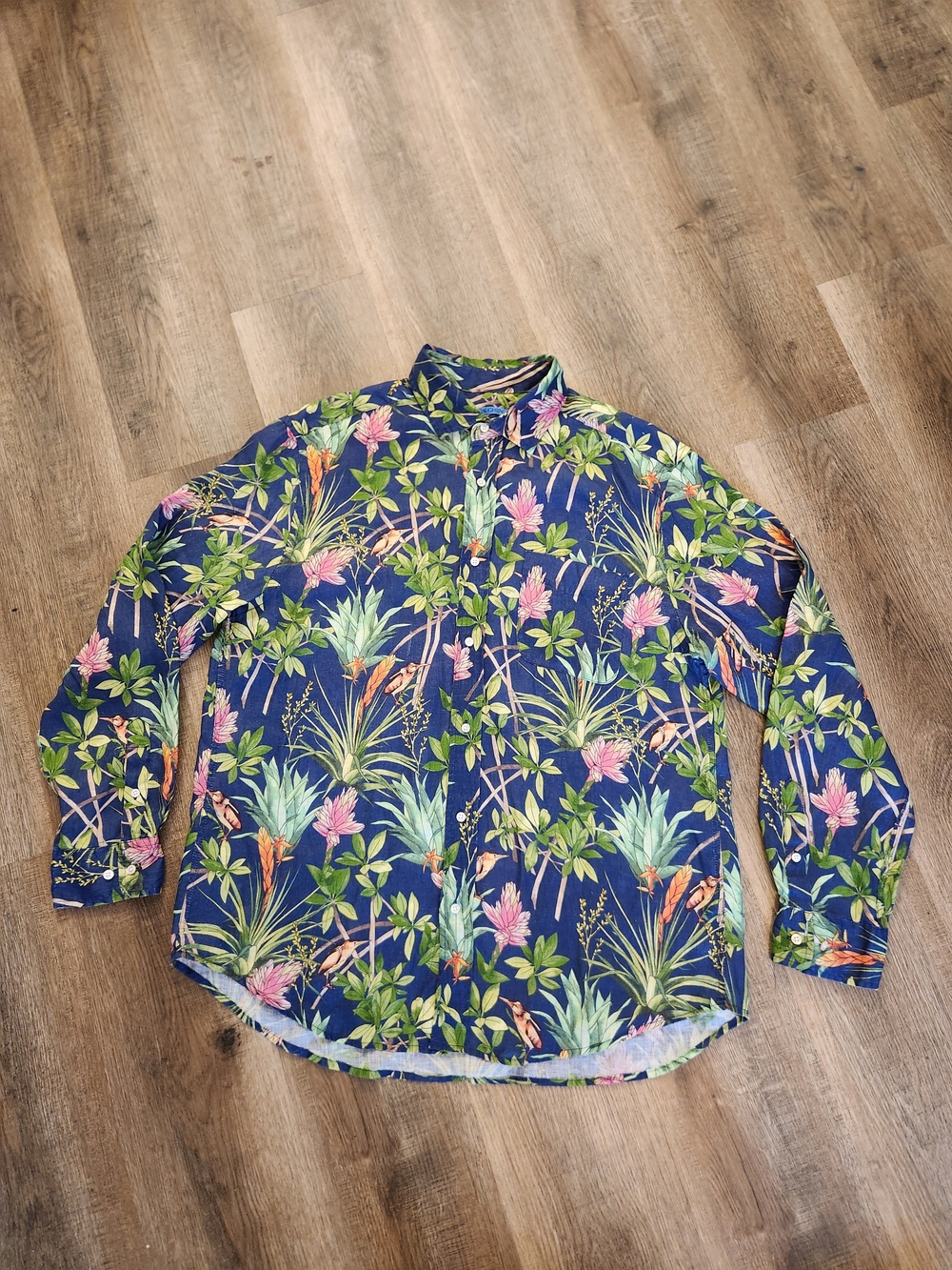 J. McLaughlin Mens XL Multicolor Linen Tropical Floral LS Button Up chest Pocket